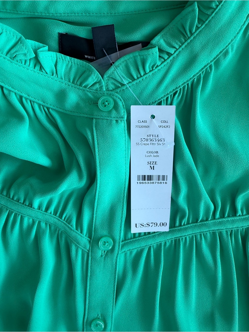 White House Black Market Mint Ruffle Cap-Sleeve Button Front Blouse Green Medium - Picture 4 of 12